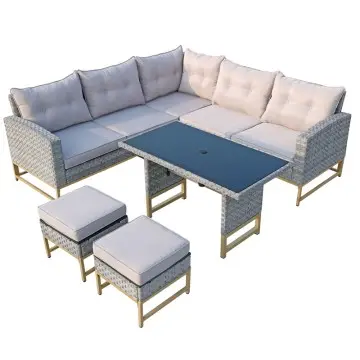 Wicker outdoor furniture rattan couch set 6 seater garden dining set with ottoman